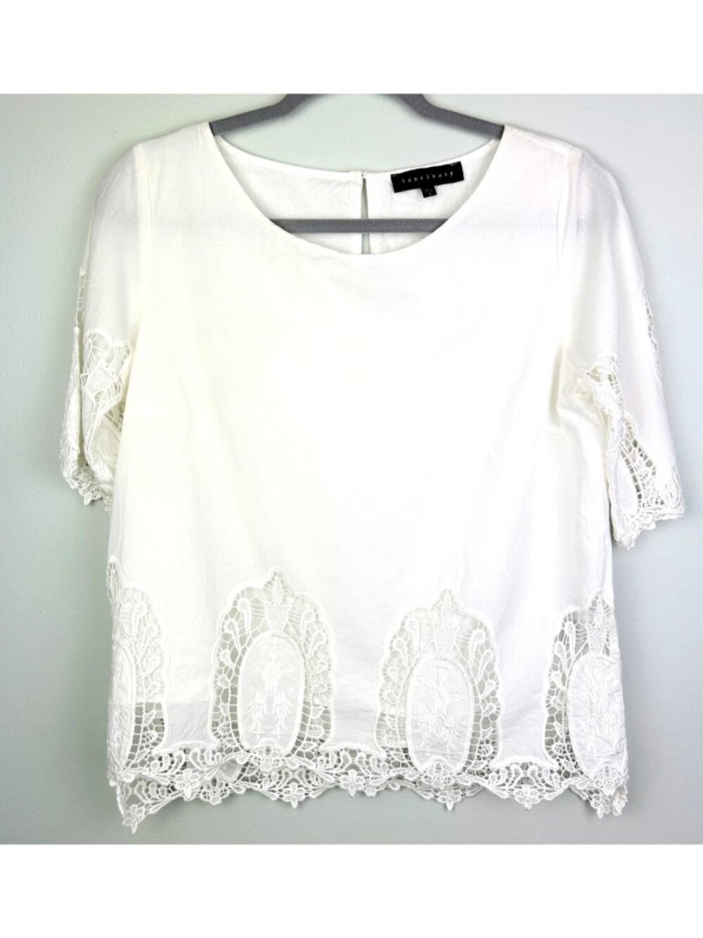 Sanctuary Anthropologie White Cotton Eyelet Lace Crochet Short Slv Top Shirt S
